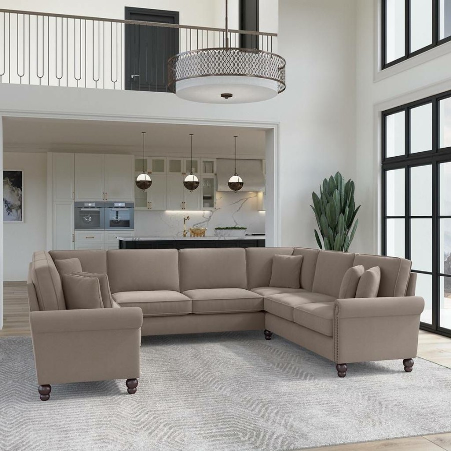 Living & Family Room Furniture * | Wholesale Bush Furniture Coventry 125W U Shaped Sectional Couch In Tan Microsuede Bush Furniture Cvy123Btnm-03K