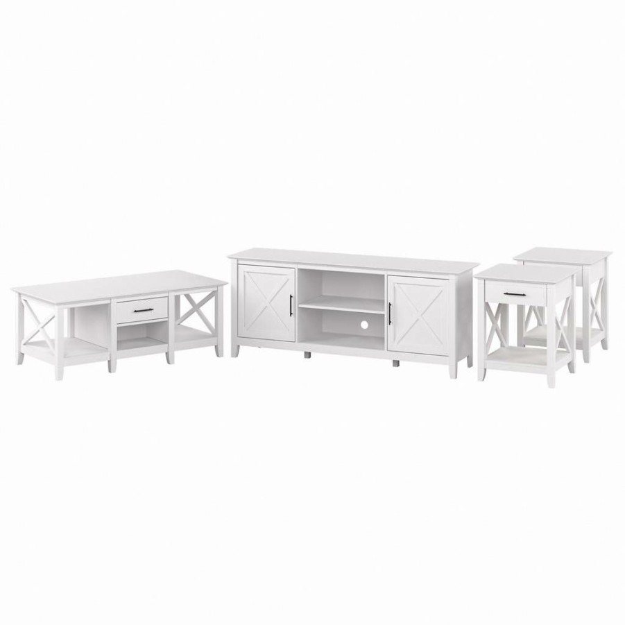 Living & Family Room Furniture * | Best Sale Bush Furniture Key West Tv Stand For 70 Inch Tv With Coffee Table And End Tables In Pure White Oak Bush Furniture Kws069Wt