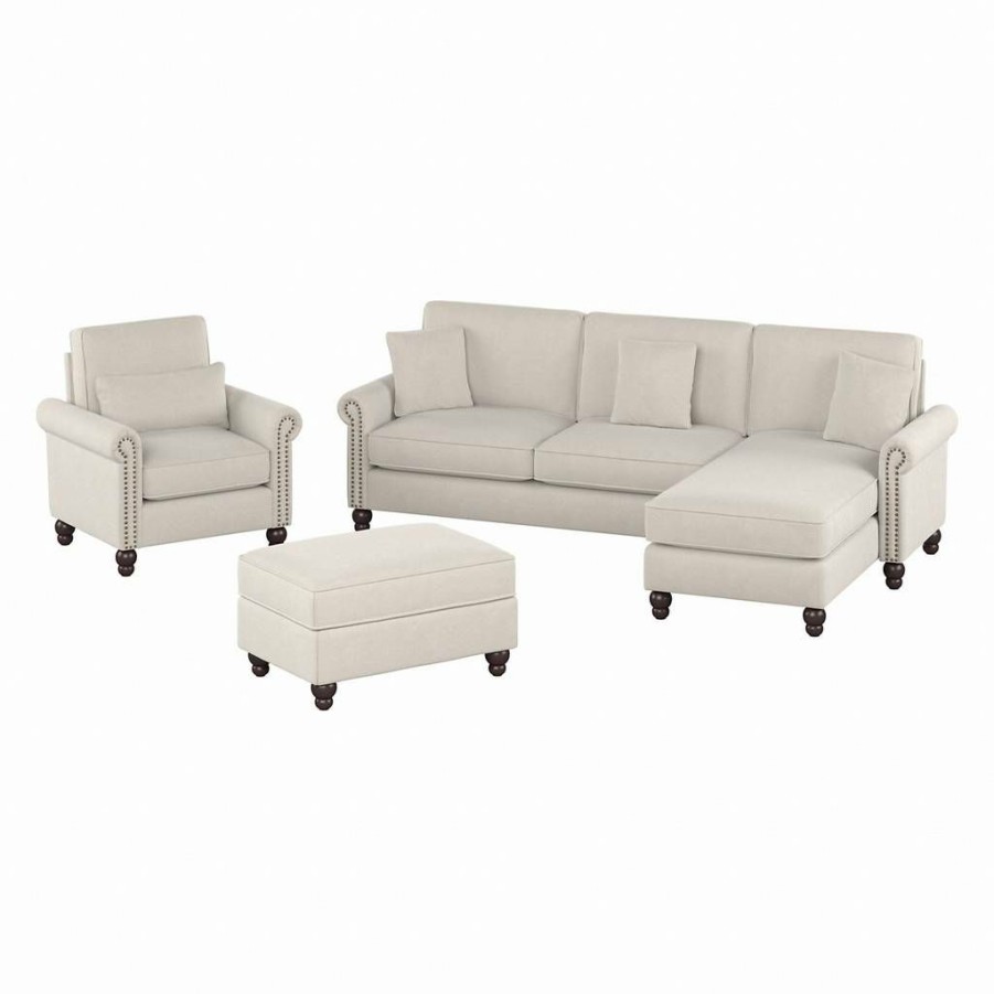 Living & Family Room Furniture * | Promotions Bush Furniture Coventry 102W Sectional Couch With Reversible Chaise Lounge, Accent Chair, And Ottoman In Light Beige Microsuede Bush Furniture Cvn021Lbm