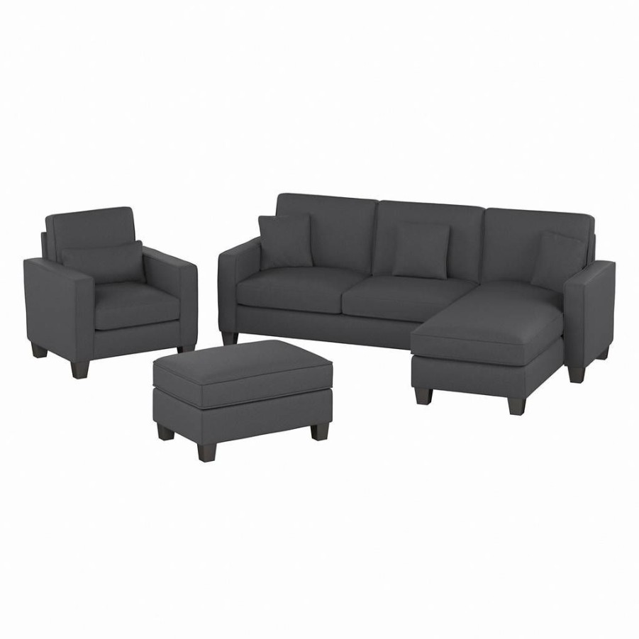 Living & Family Room Furniture * | Outlet Stockton 102W Sectional Couch W/ Reversible Chaise Lounge, Accent Chair & Ottoman In Charcoal Gray Herringbone Bush Furniture Skt021Cgh