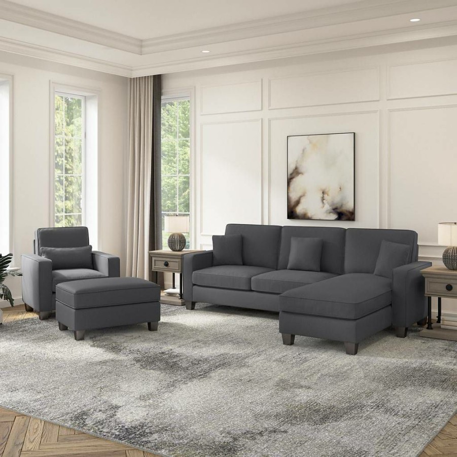 Living & Family Room Furniture * | Outlet Stockton 102W Sectional Couch W/ Reversible Chaise Lounge, Accent Chair & Ottoman In Charcoal Gray Herringbone Bush Furniture Skt021Cgh