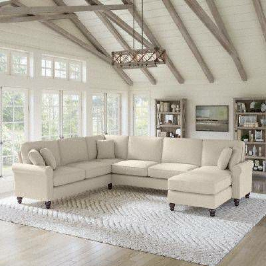 Living & Family Room Furniture * | Promotions Bush Furniture Hudson 128W U Shaped Sectional Couch With Reversible Chaise Lounge In Cream Herringbone Bush Furniture Hdy127Bcrh-03K