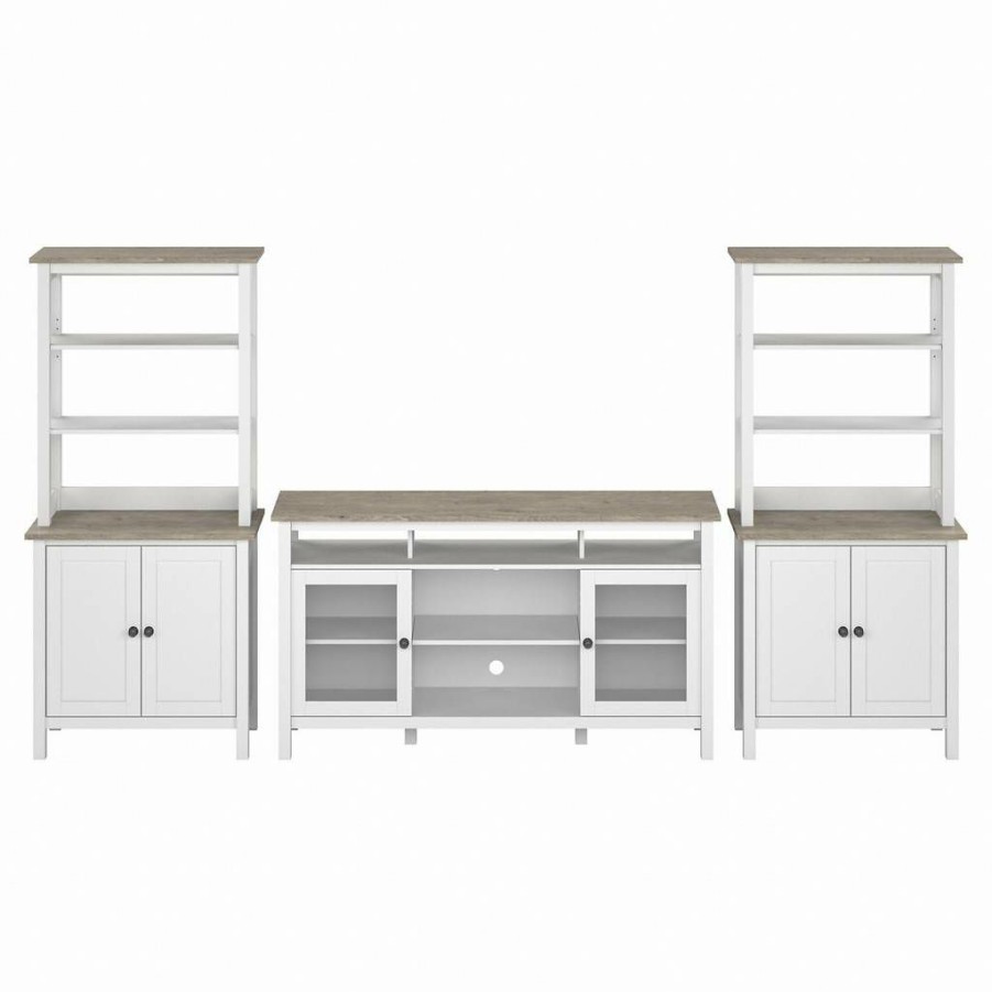 Living & Family Room Furniture * | Outlet Bush Furniture Mayfield Tv Stand For 70 Inch Tv With Storage Bookcases In Pure White And Shiplap Gray Bush Furniture May028Gw2