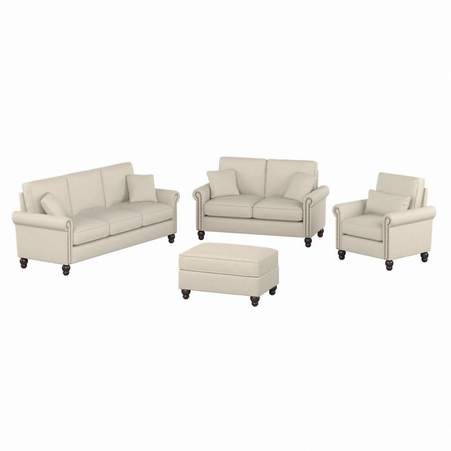 Living & Family Room Furniture * | Hot Sell Bush Furniture Coventry 85W Sofa With Loveseat, Accent Chair, And Ottoman In Cream Herringbone Bush Furniture Cvn020Crh