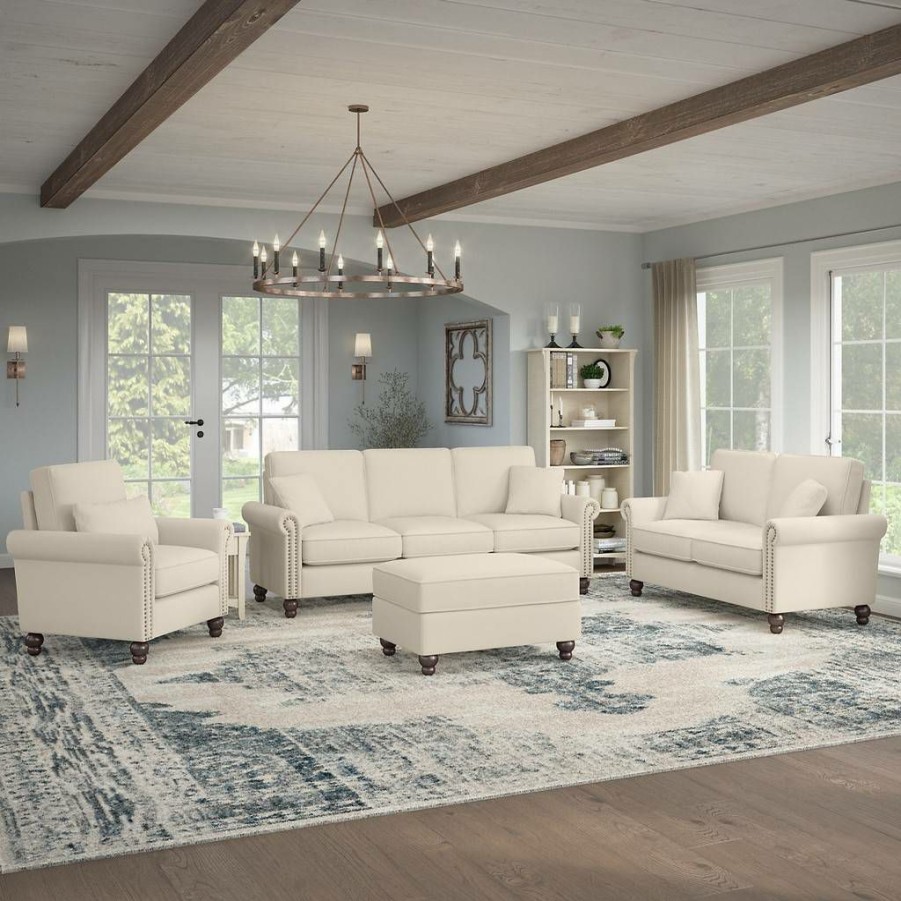 Living & Family Room Furniture * | Hot Sell Bush Furniture Coventry 85W Sofa With Loveseat, Accent Chair, And Ottoman In Cream Herringbone Bush Furniture Cvn020Crh