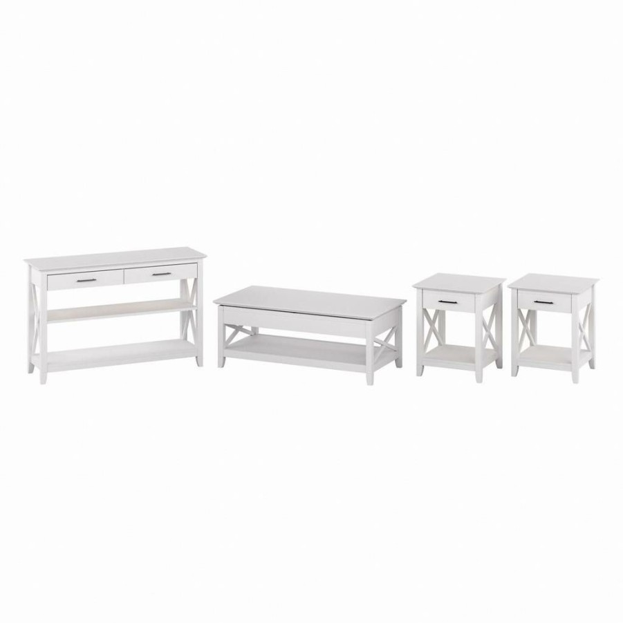 Living & Family Room Furniture * | Promotions Bush Furniture Key West Lift Top Coffee Table Desk With Console Table And End Tables In Pure White Oak Bush Furniture Kws077Wt