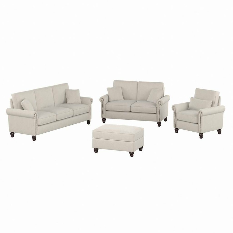 Living & Family Room Furniture * | Clearance Sale Bush Furniture Coventry 85W Sofa With Loveseat, Accent Chair, And Ottoman In Light Beige Microsuede Bush Furniture Cvn020Lbm