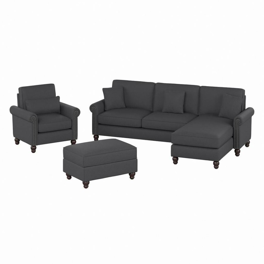 Living & Family Room Furniture * | Limited Edition Bush Furniture Coventry 102W Sectional Couch With Reversible Chaise Lounge, Accent Chair, And Ottoman In Charcoal Gray Herringbone Bush Furniture Cvn021Cgh