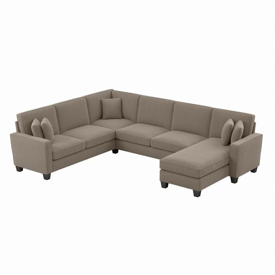 Living & Family Room Furniture * | Shoping Bush Furniture Stockton 128W U Shaped Sectional Couch With Reversible Chaise Lounge In Tan Microsuede Bush Furniture Sny127Stnm-03K