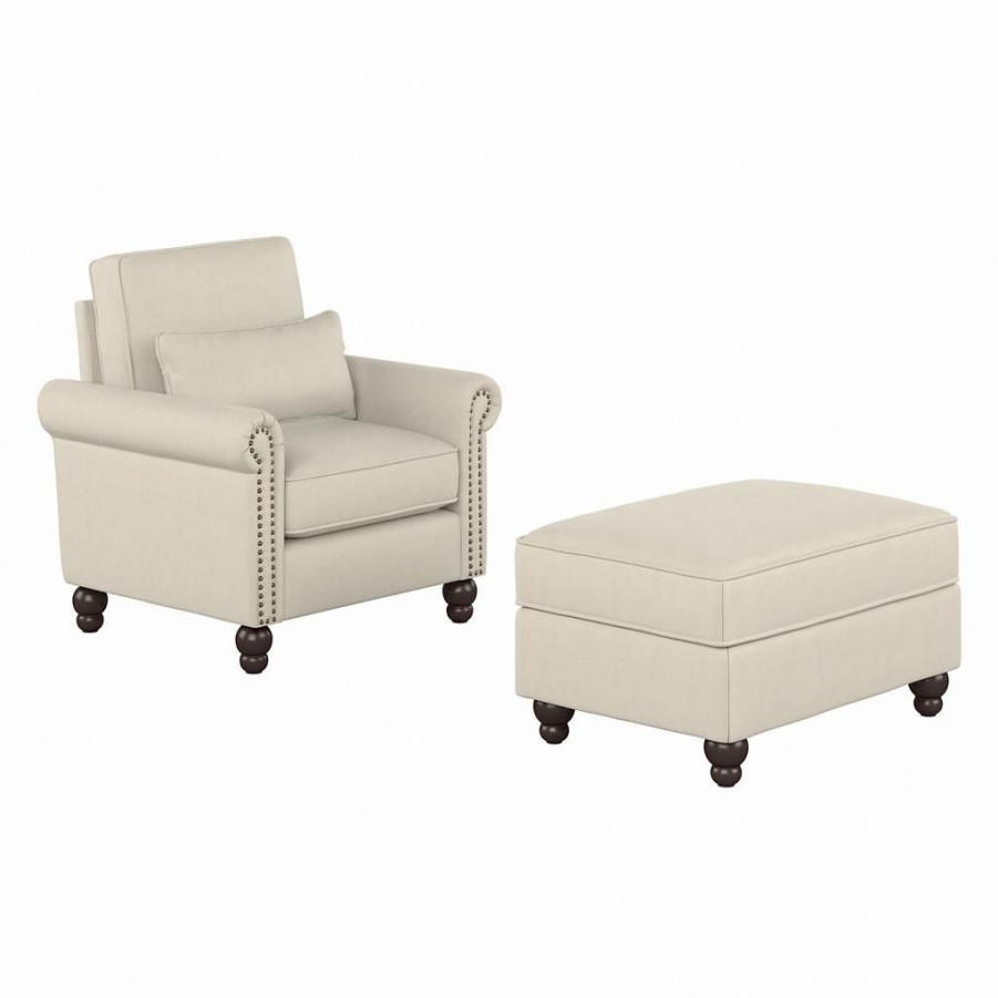 Living & Family Room Furniture * | Quick Expedition Bush Furniture Coventry Accent Chair With Ottoman Set In Cream Herringbone Bush Furniture Cvn010Crh