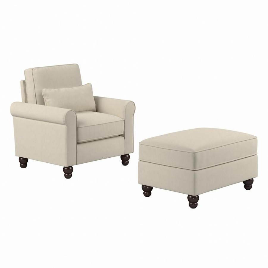 Living & Family Room Furniture * | Discounts Bush Furniture Hudson Accent Chair With Ottoman Set In Cream Herringbone Bush Furniture Hdn010Crh