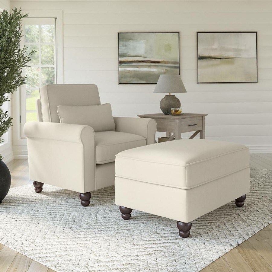 Living & Family Room Furniture * | Discounts Bush Furniture Hudson Accent Chair With Ottoman Set In Cream Herringbone Bush Furniture Hdn010Crh