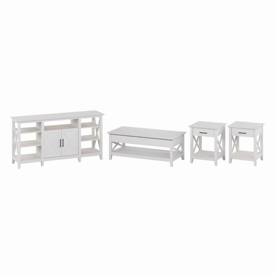 Living & Family Room Furniture * | Online Bush Furniture Key West Tall Tv Stand With Lift Top Coffee Table Desk And End Tables In Pure White Oak Bush Furniture Kws078Wt