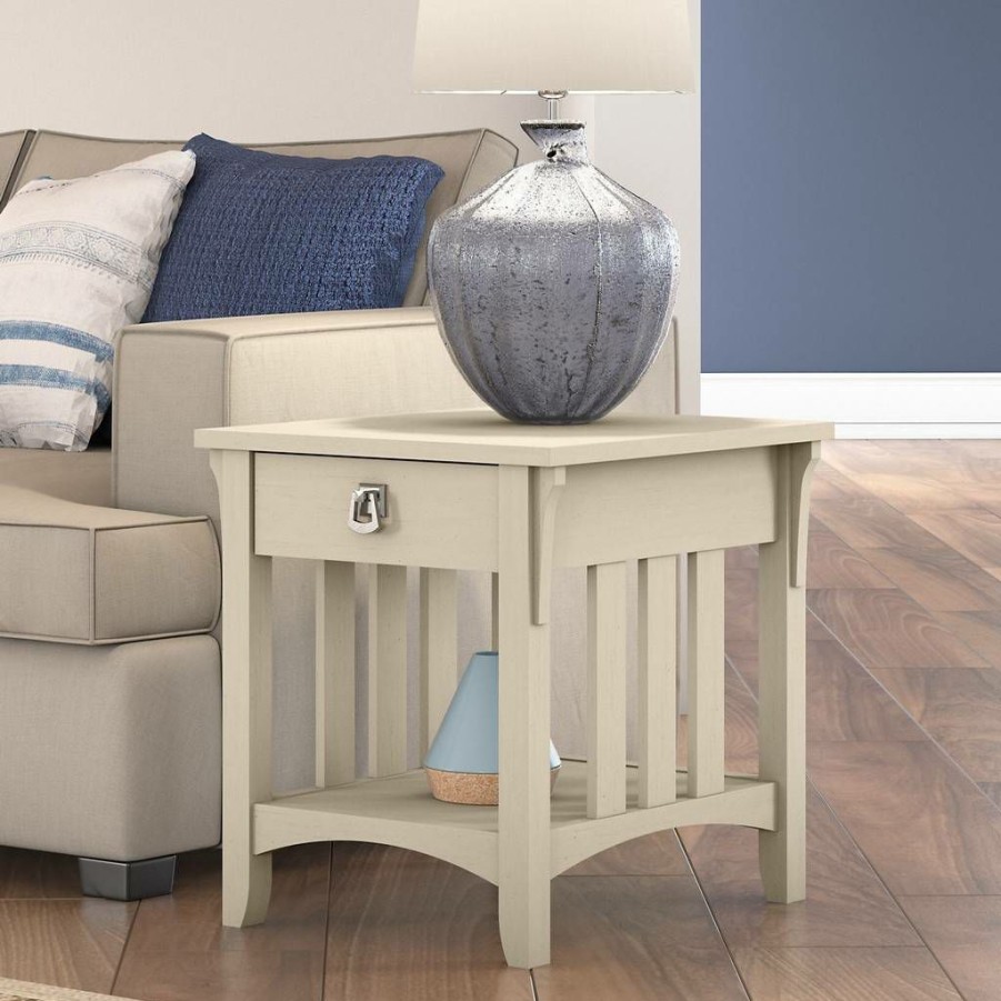 Living & Family Room Furniture * | Quick Delivery Salinas End Table With Storage In Antique White Bush Furniture Sat118Aw-03