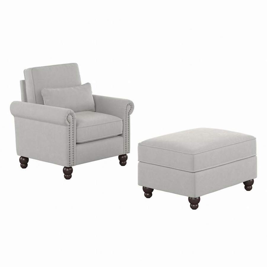 Living & Family Room Furniture * | Best Price Bush Furniture Coventry Accent Chair With Ottoman Set In Light Gray Microsuede Bush Furniture Cvn010Lgm