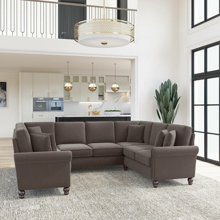 Living & Family Room Furniture * | Wholesale Bush Furniture Coventry 113W U Shaped Sectional Couch In Chocolate Brown Microsuede Bush Furniture Cvy112Bcbm-03K