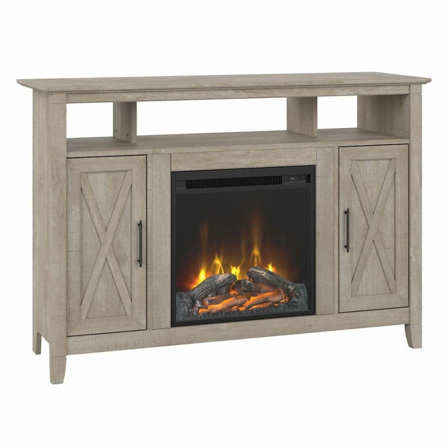 Living & Family Room Furniture * | Crazy Deals Bush Furniture Key West Tall Electric Fireplace Tv Stand For 55 Inch Tv In Washed Gray Bush Furniture Kws064Wg