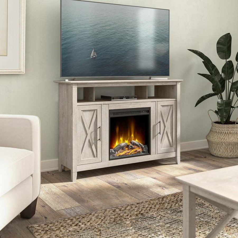 Living & Family Room Furniture * | Crazy Deals Bush Furniture Key West Tall Electric Fireplace Tv Stand For 55 Inch Tv In Washed Gray Bush Furniture Kws064Wg