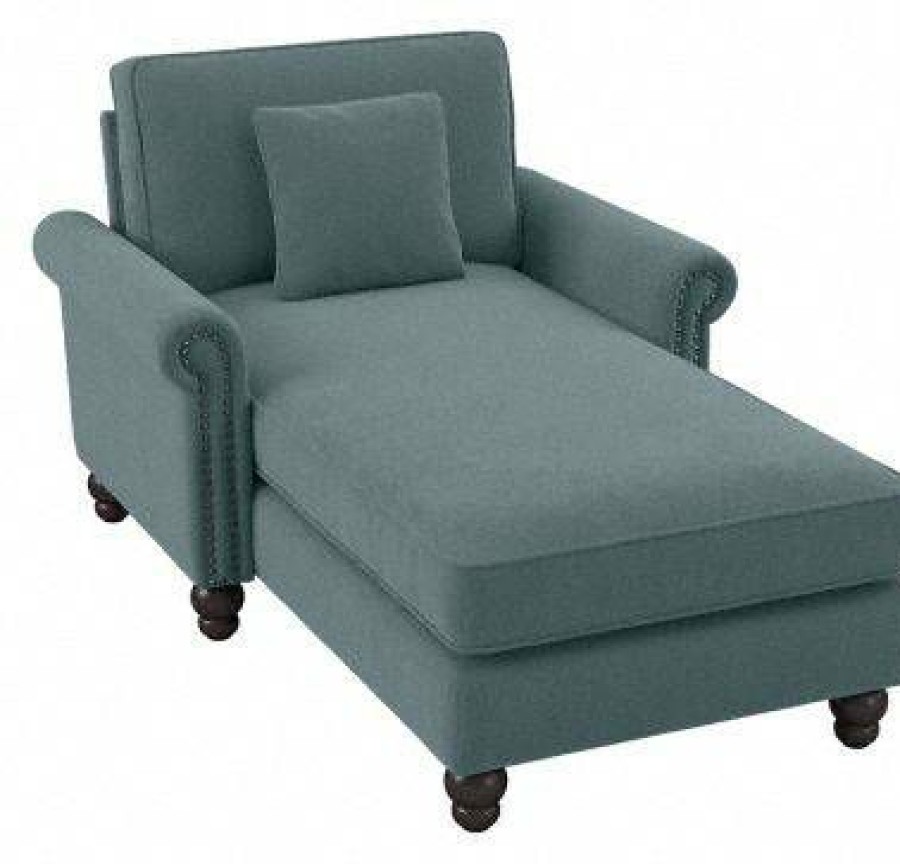 Living & Family Room Furniture * | Clearance Sale Bush Furniture Coventry Chaise Lounge With Arms In Turkish Blue Herringbone Bush Furniture Cvm41Btbh-03K