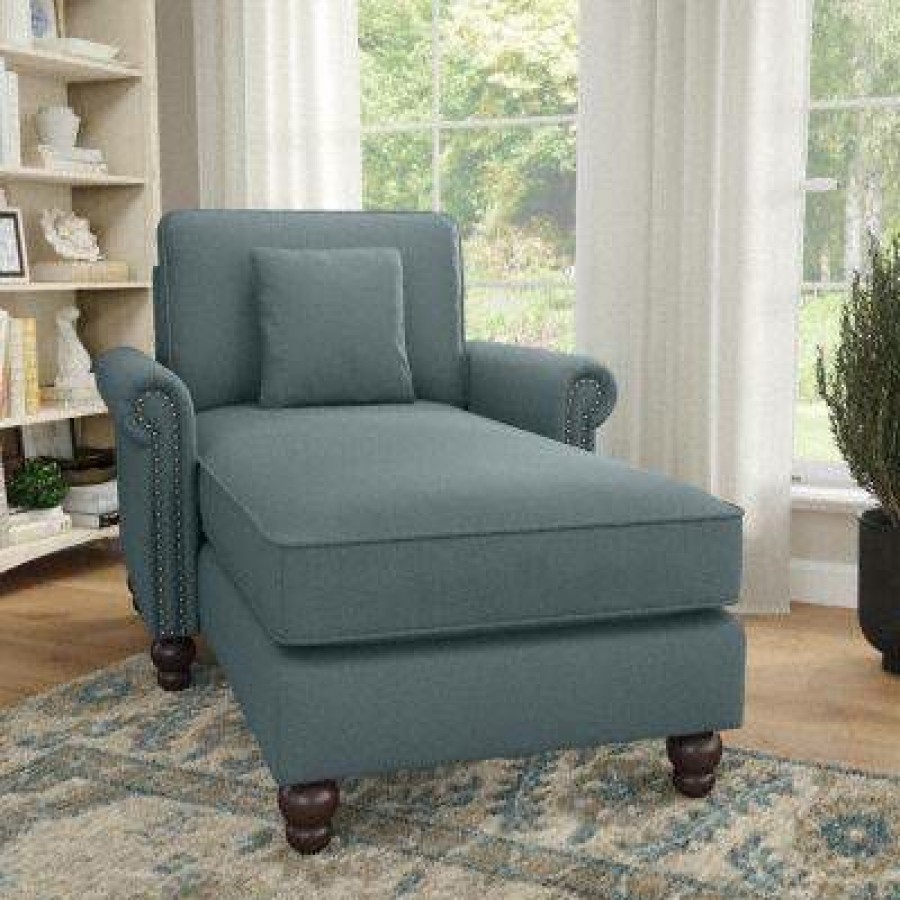 Living & Family Room Furniture * | Clearance Sale Bush Furniture Coventry Chaise Lounge With Arms In Turkish Blue Herringbone Bush Furniture Cvm41Btbh-03K