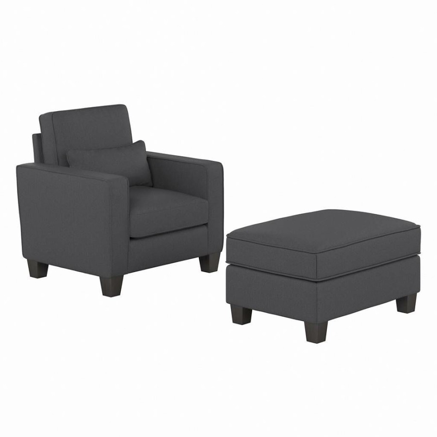 Living & Family Room Furniture * | Clearance Sale Stockton Accent Chair W/ Ottoman Set In Charcoal Gray Herringbone Bush Furniture Skt010Cgh