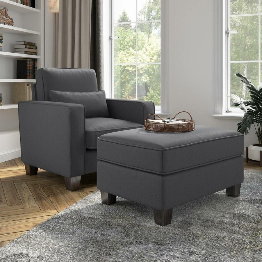 Living & Family Room Furniture * | Clearance Sale Stockton Accent Chair W/ Ottoman Set In Charcoal Gray Herringbone Bush Furniture Skt010Cgh