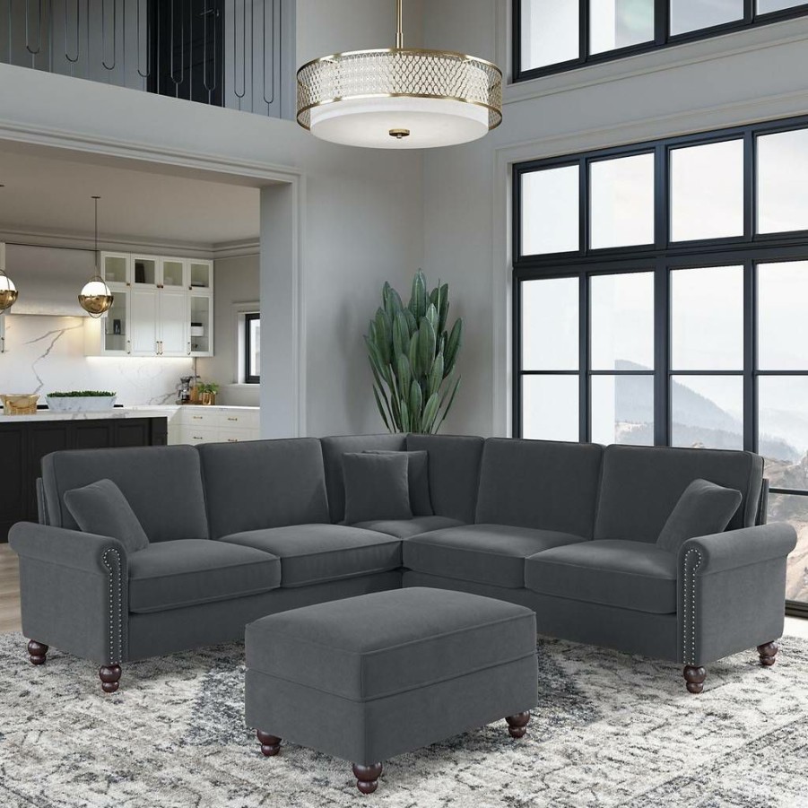 Living & Family Room Furniture * | Promotions Bush Furniture Coventry 99W L Shaped Sectional Couch With Ottoman In Dark Gray Microsuede Bush Furniture Cvn003Dgm