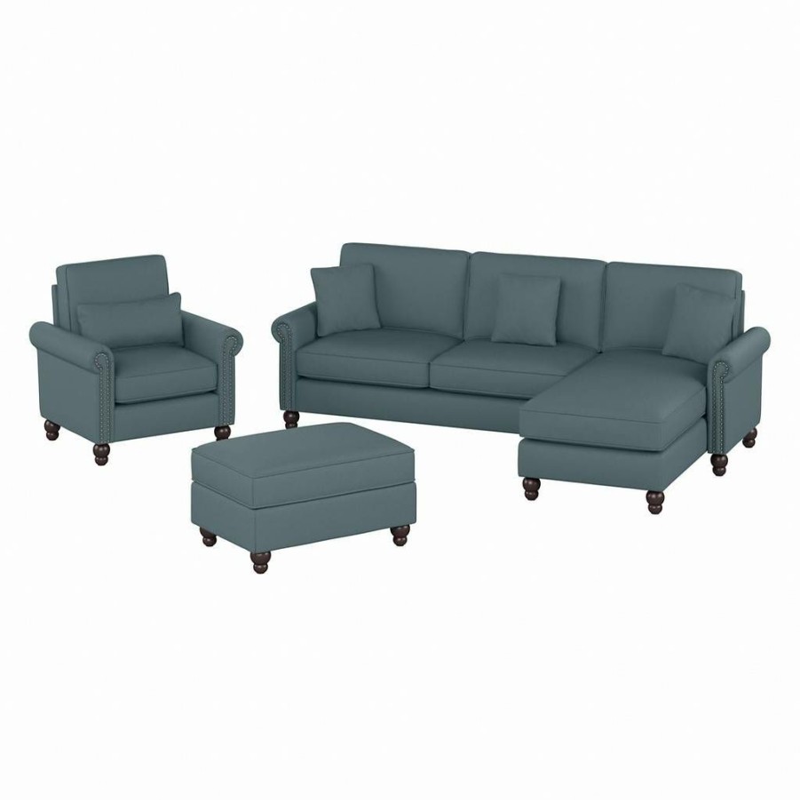 Living & Family Room Furniture * | Online Bush Furniture Coventry 102W Sectional Couch With Reversible Chaise Lounge, Accent Chair, And Ottoman In Beige Herringbone Bush Furniture Cvn021Tbh