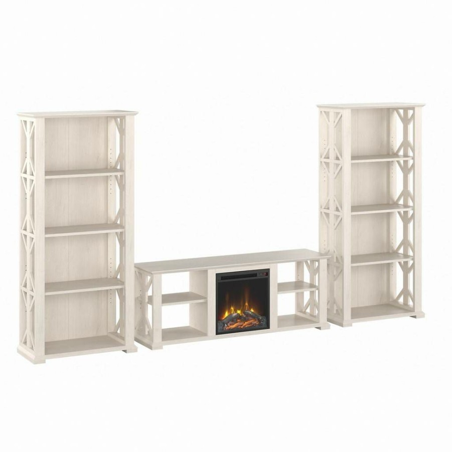 Living & Family Room Furniture * | Shoping Bush Furniture Homestead Farmhouse Tv Stand For 70 Inch Tv With Fireplace Insert And 4 Shelf Bookcases In Linen White Oak Bush Furniture Hot014Lw