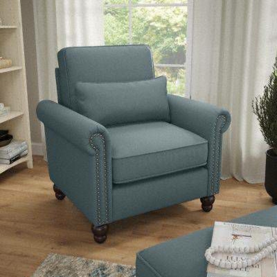 Living & Family Room Furniture * | Wholesale Bush Furniture Coventry Accent Chair With Arms In Turkish Blue Herringbone Bush Furniture Cvk36Btbh-03