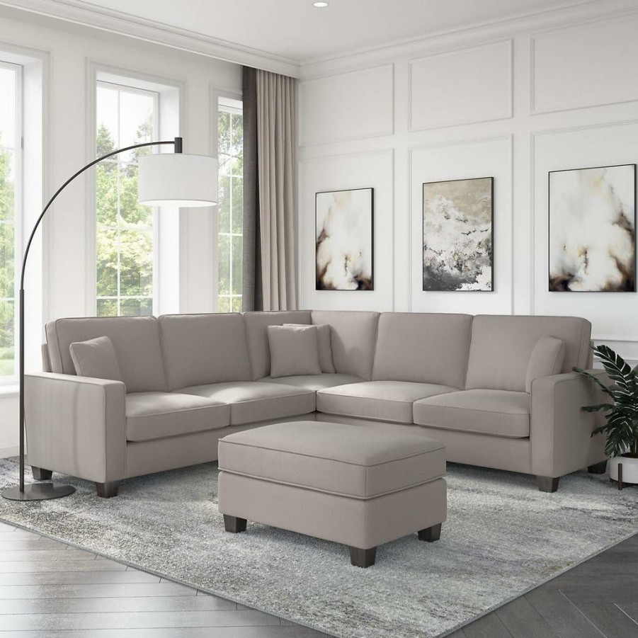 Living & Family Room Furniture * | Promotions Stockton 99W L Shaped Sectional Couch W/ Ottoman In Beige Herringbone Bush Furniture Skt003Bgh