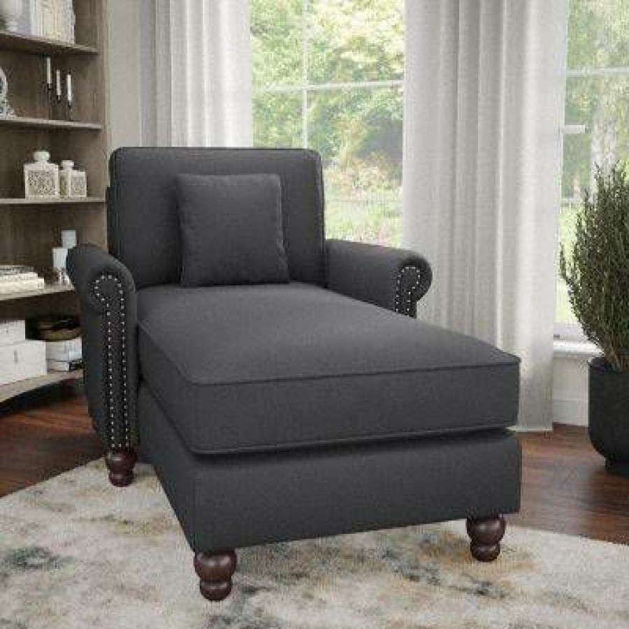 Living & Family Room Furniture * | Promotions Bush Furniture Coventry Chaise Lounge With Arms In Charcoal Gray Herringbone Bush Furniture Cvm41Bcgh-03K