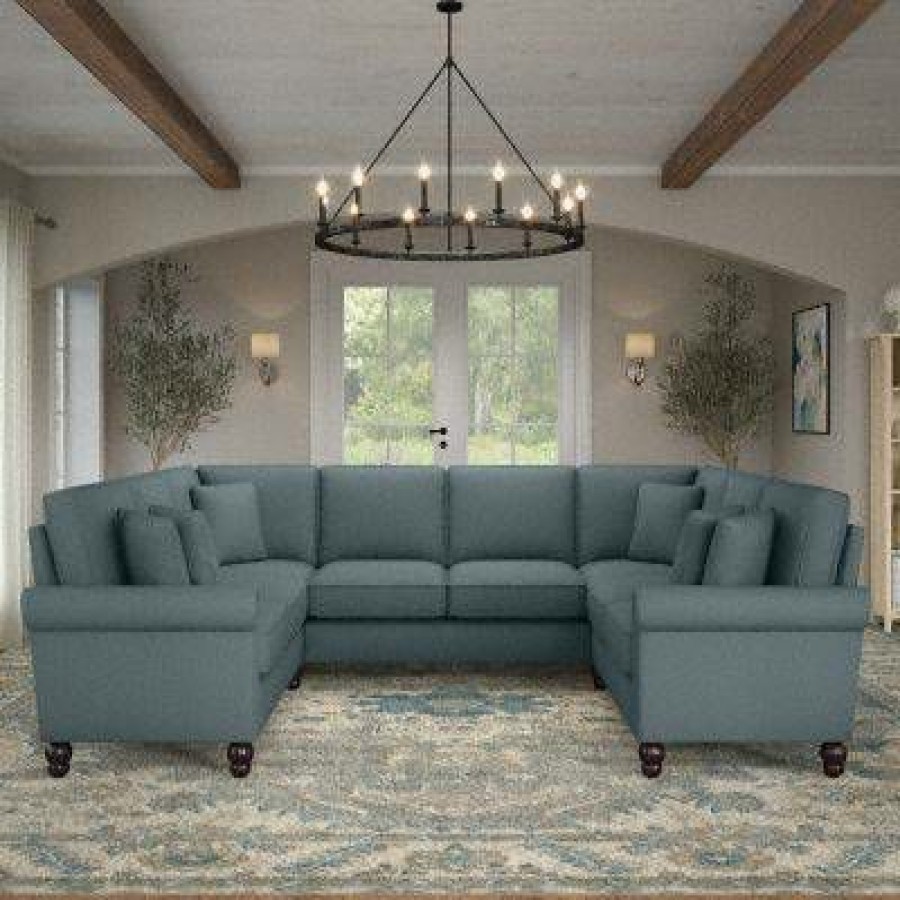 Living & Family Room Furniture * | Quick Expedition Bush Furniture Coventry 113W U Shaped Sectional Couch In Turkish Blue Herringbone Bush Furniture Cvy112Btbh-03K