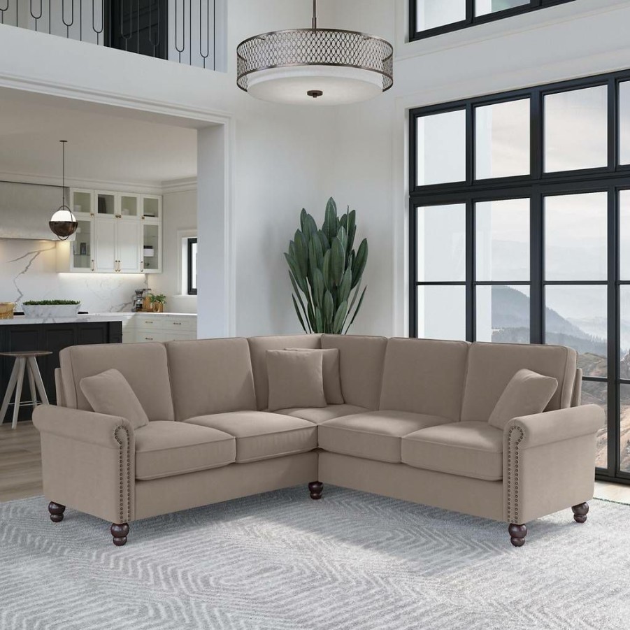 Living & Family Room Furniture * | Special Offers Bush Furniture Coventry 87W L Shaped Sectional Couch In Tan Microsuede Bush Furniture Cvy86Btnm-03K