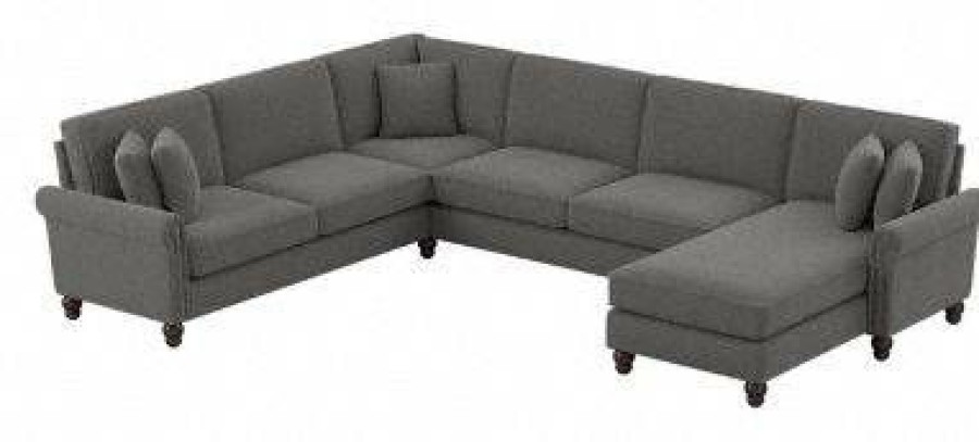 Living & Family Room Furniture * | Large Choice Bush Furniture Coventry 128W U Shaped Sectional Couch With Reversible Chaise Lounge In French Gray Herringbone Bush Furniture Cvy127Bfgh-03K