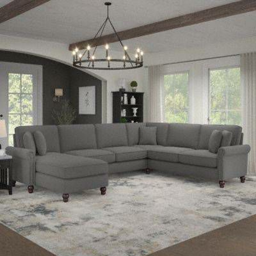 Living & Family Room Furniture * | Large Choice Bush Furniture Coventry 128W U Shaped Sectional Couch With Reversible Chaise Lounge In French Gray Herringbone Bush Furniture Cvy127Bfgh-03K