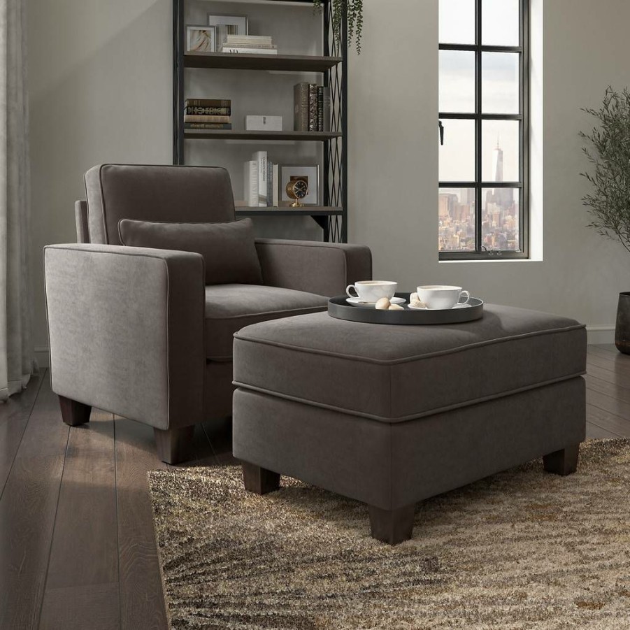 Living & Family Room Furniture * | Large Choice Stockton Accent Chair W/ Ottoman Set In Chocolate Brown Microsuede Bush Furniture Skt010Cbm