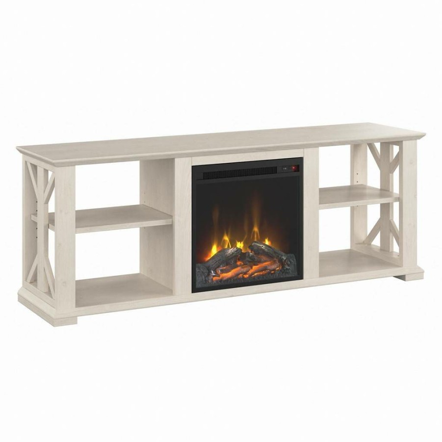 Living & Family Room Furniture * | Wholesale Bush Furniture Homestead Electric Fireplace Tv Stand For 70 Inch Tv In Linen White Oak Bush Furniture Hot003Lw