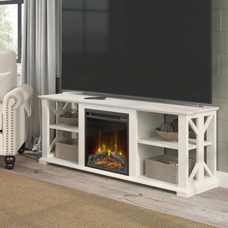 Living & Family Room Furniture * | Wholesale Bush Furniture Homestead Electric Fireplace Tv Stand For 70 Inch Tv In Linen White Oak Bush Furniture Hot003Lw