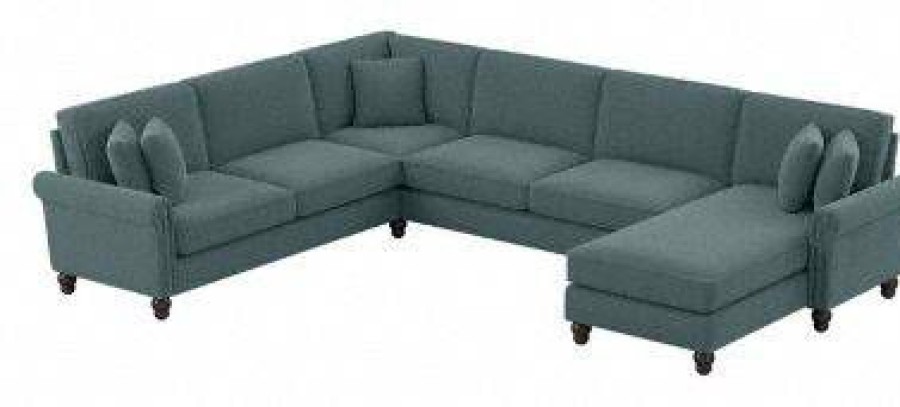 Living & Family Room Furniture * | Crazy Deals Bush Furniture Coventry 128W U Shaped Sectional Couch With Reversible Chaise Lounge In Turkish Blue Herringbone Bush Furniture Cvy127Btbh-03K