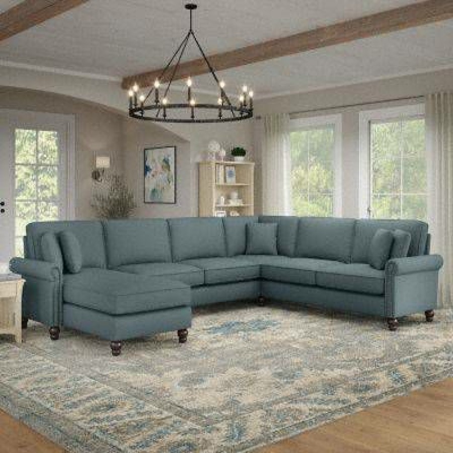 Living & Family Room Furniture * | Crazy Deals Bush Furniture Coventry 128W U Shaped Sectional Couch With Reversible Chaise Lounge In Turkish Blue Herringbone Bush Furniture Cvy127Btbh-03K