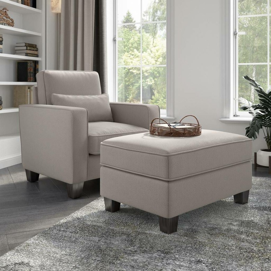 Living & Family Room Furniture * | Promotions Stockton Accent Chair W/ Ottoman Set In Beige Herringbone Bush Furniture Skt010Bgh