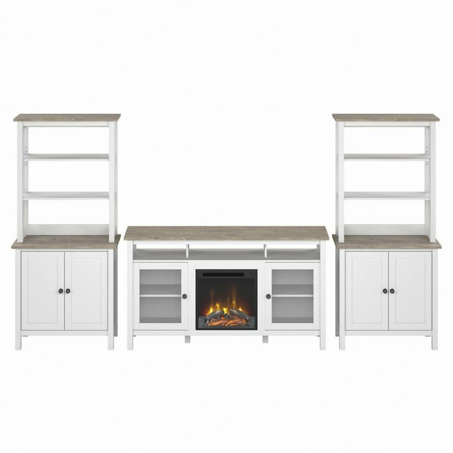 Living & Family Room Furniture * | Special Offers Bush Furniture Mayfield Electric Fireplace Tv Stand For 70 Inch Tv With Storage Bookcases In Pure White And Shiplap Gray Bush Furniture May029Gw2