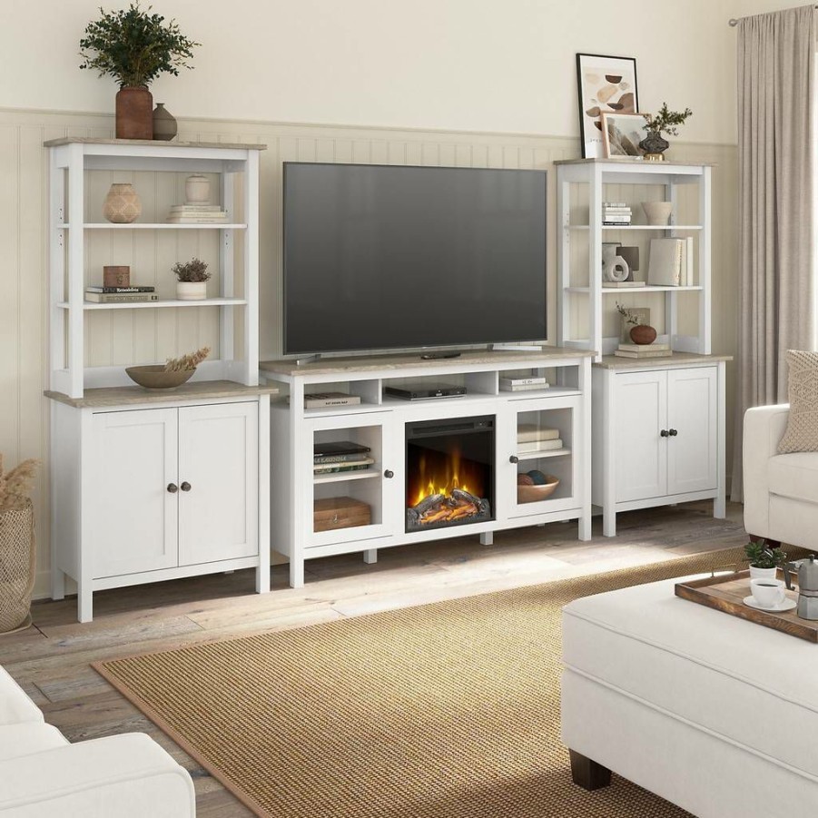 Living & Family Room Furniture * | Special Offers Bush Furniture Mayfield Electric Fireplace Tv Stand For 70 Inch Tv With Storage Bookcases In Pure White And Shiplap Gray Bush Furniture May029Gw2