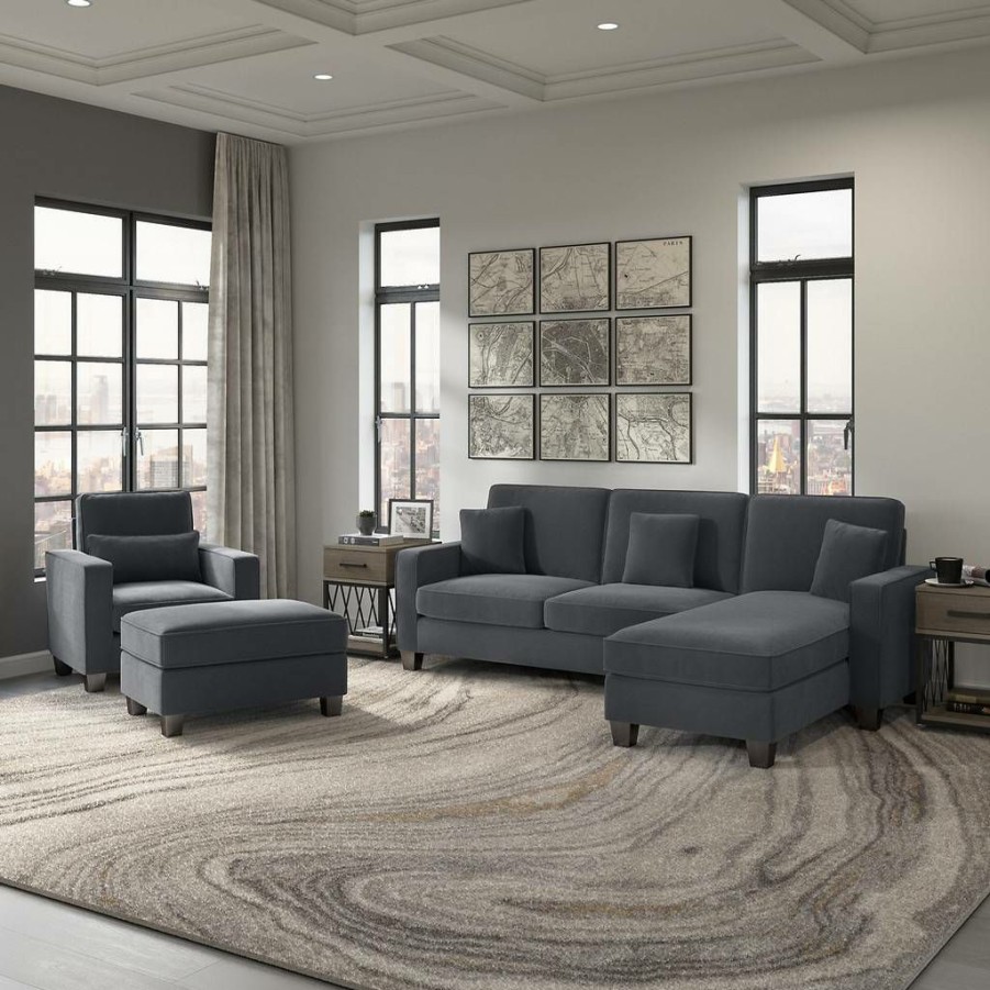 Living & Family Room Furniture * | Hot Selling Stockton 102W Sectional Couch W/ Reversible Chaise Lounge, Accent Chair & Ottoman In Dark Gray Microsuede Bush Furniture Skt021Dgm