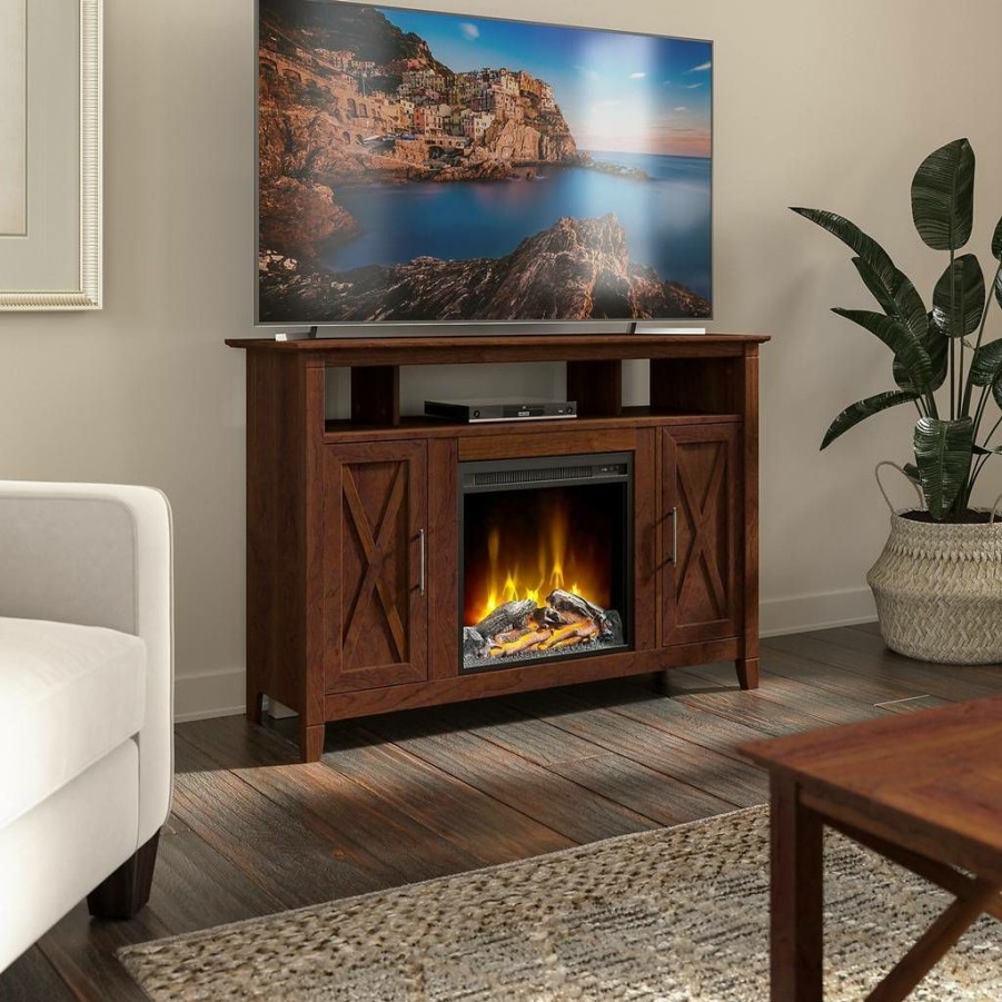 Living & Family Room Furniture * | Special Offers Bush Furniture Key West Tall Electric Fireplace Tv Stand For 55 Inch Tv In Bing Cherry Bush Furniture Kws064Bc