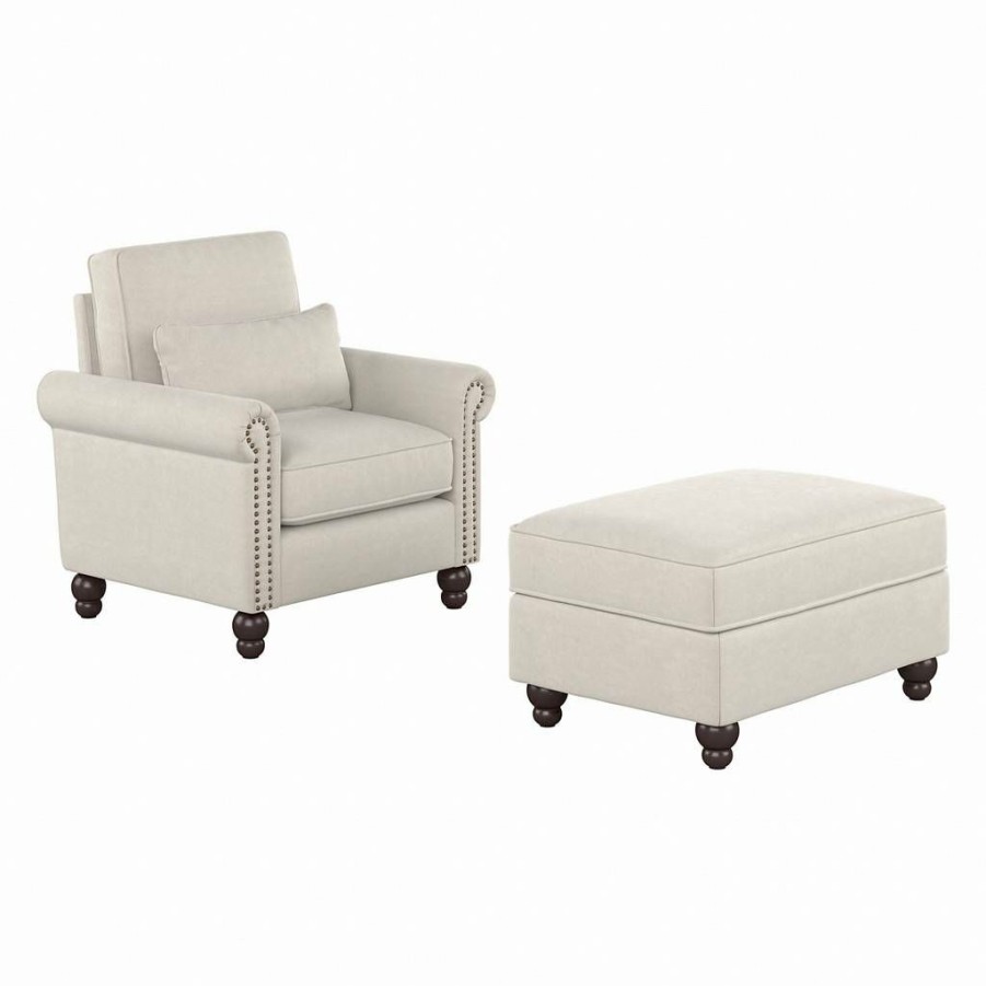 Living & Family Room Furniture * | Exclusive Design Bush Furniture Coventry Accent Chair With Ottoman Set In Light Beige Microsuede Bush Furniture Cvn010Lbm