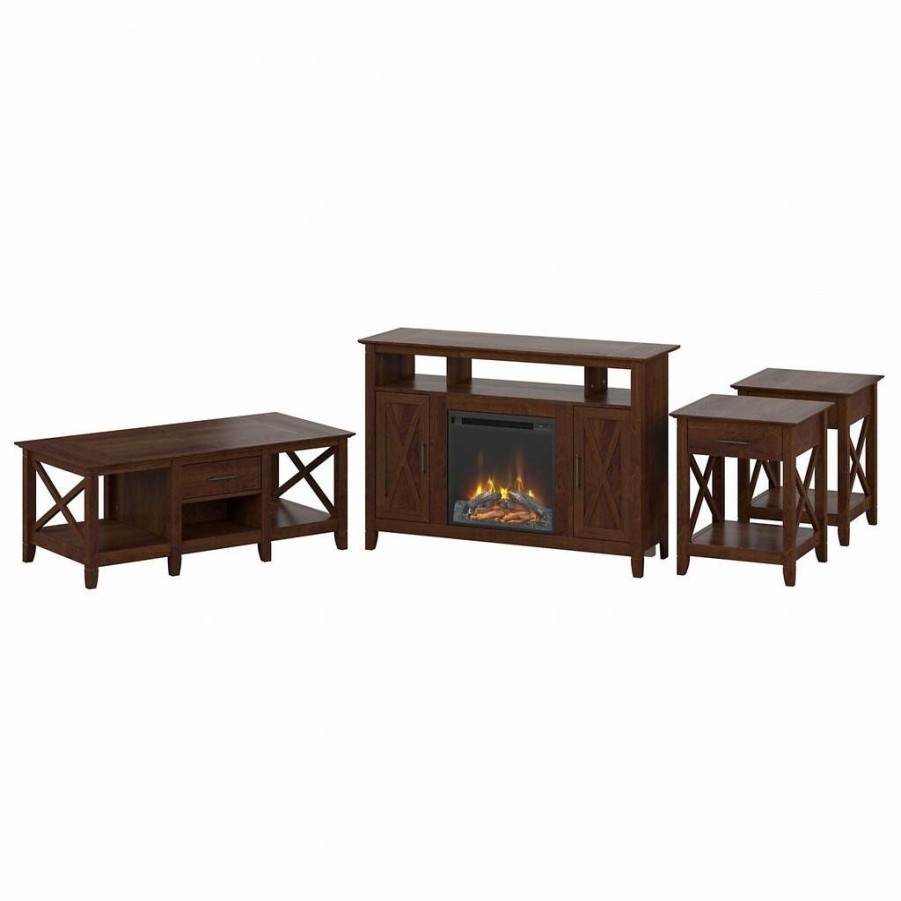 Living & Family Room Furniture * | Hot Selling Bush Furniture Key West Tall Electric Fireplace Tv Stand With Coffee Table And End Tables In Bing Cherry Bush Furniture Kws072Bc