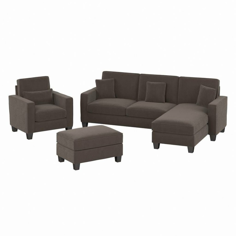 Living & Family Room Furniture * | Wholesale Stockton 102W Sectional Couch W/ Reversible Chaise Lounge, Accent Chair & Ottoman In Chocolate Brown Microsuede Bush Furniture Skt021Cbm