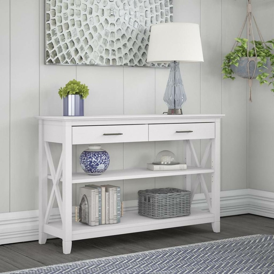 Living & Family Room Furniture * | Classical Key West Console Table With Drawers And Shelves In Pure White Oak Bush Furniture Kwt248Wt-03